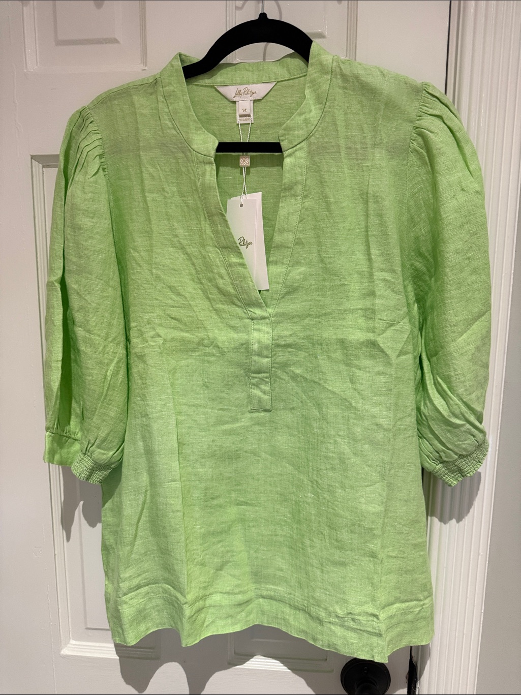 Lilly Pulitzer Sage Green Linen V-Neck Puff Sleeve Top 14 Nwt Lagoon Linen